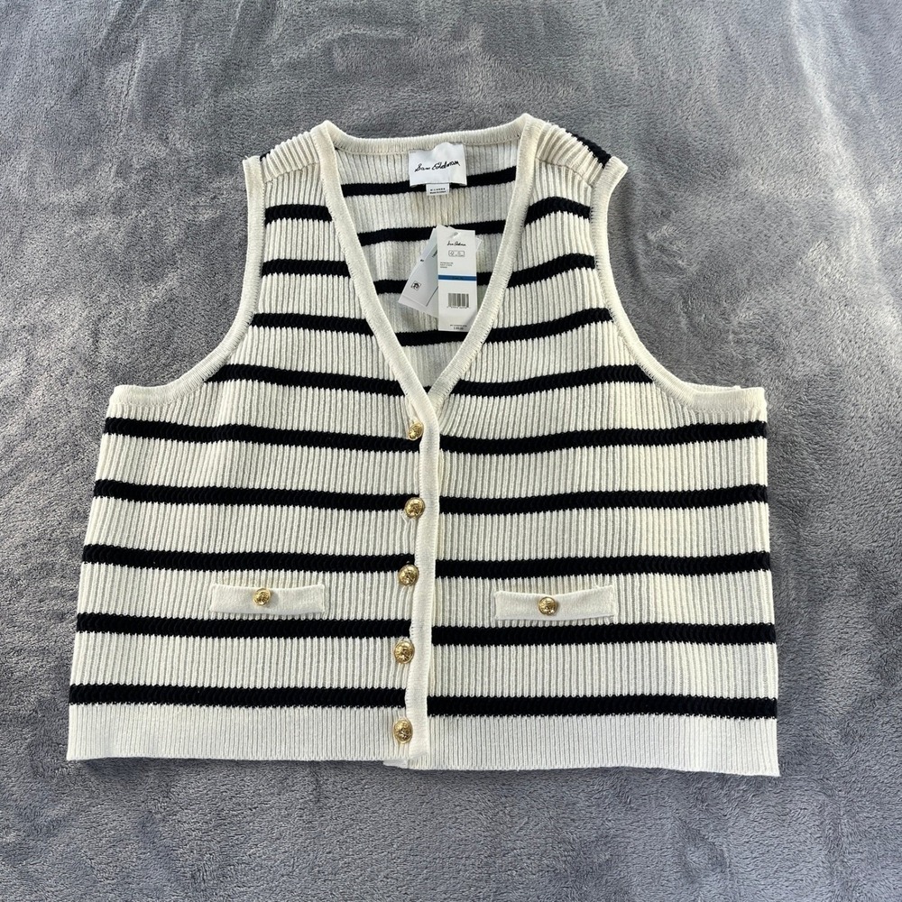 Anthropologie Winnie Sweater Vest XL Navy White NEW Gold Parisian Old Money - Picture 3 of 11